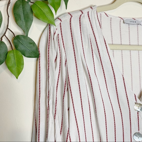 Lush Linen Blend Button Front Striped Puff 3/4 Sleeves Top Blouse Size Medium - Picture 4 of 7